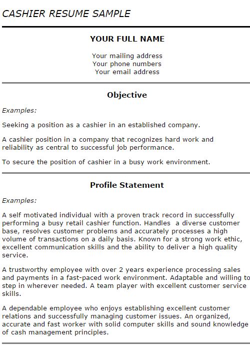 Sample Resume For Cashier Position